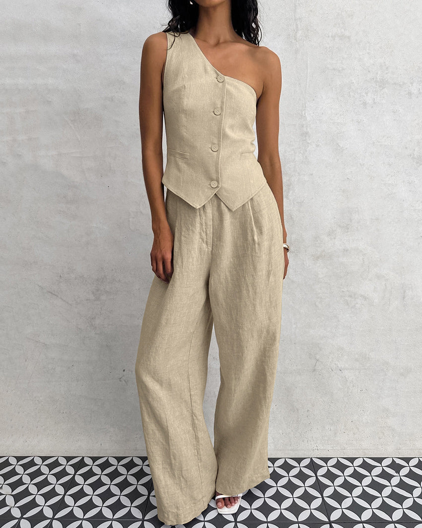 Cotton and Linen Sleeveless Vest With Irregular Collar Suit