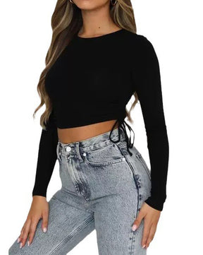 Crop Top mit Rundhalsausschnitt und langen Ärmeln und Kordelzug