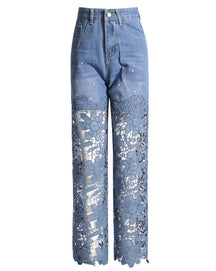 Commuting StyleJeans With Patchwork Lace Design