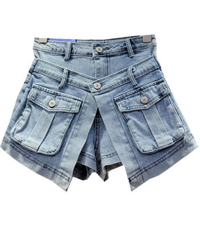 Schmale, hoch taillierte, gewaschene Fake-Jeansshorts mit weitem Bein und zweiteiliger Passform