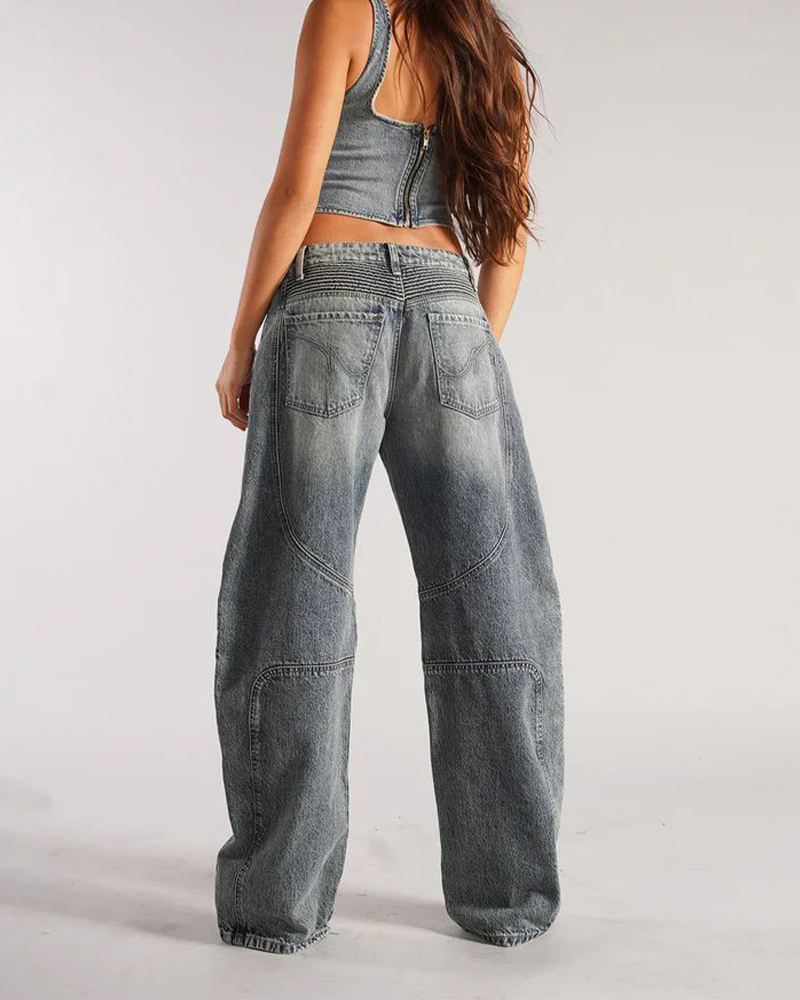 Loose Denim Pants At Mid-Waist