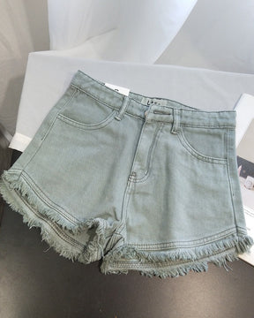 Solid Color Retro High Waist Raw Edge Fringed Denim Shorts