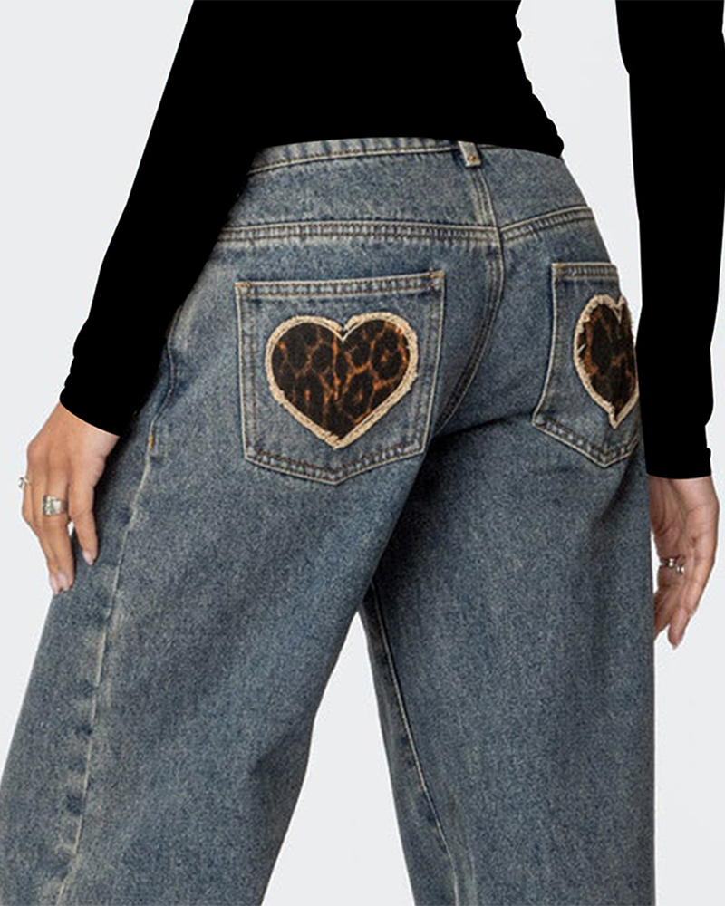 Low-Rise Jeans Love Leopard Print Pocket