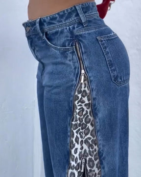 Side-Zip Loose Leopard Print Jeans (Pre-sale)