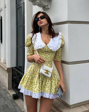 Baby Doll Neck Short Sleeve Floral Waist Mini Dress