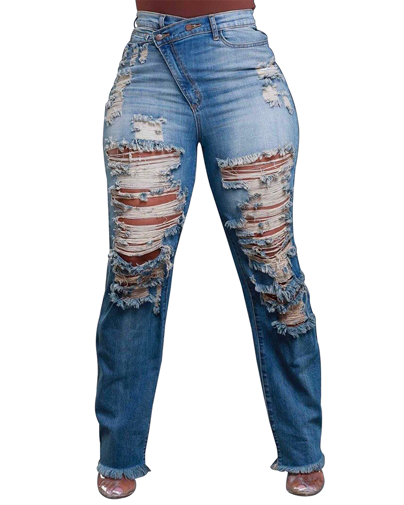 Irregular High-Waisted Ripped Jeans