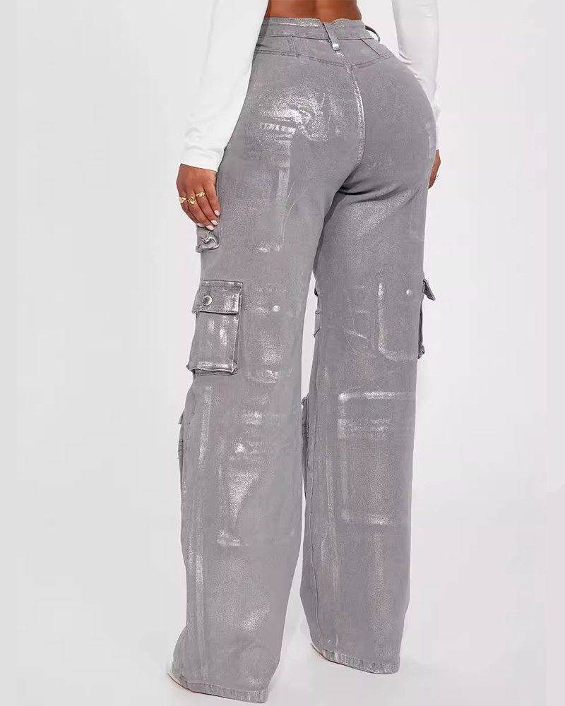 Silver Pressed Multi-Pocket High-Waist Jeans