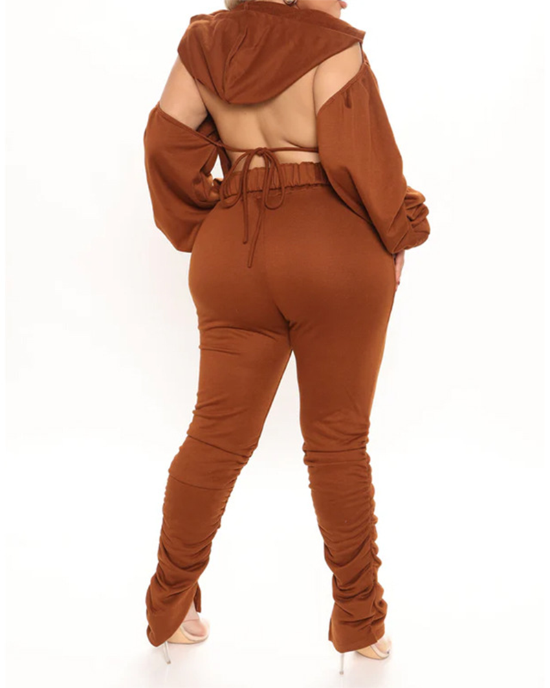 Backless Tied Hooded Hoodies High Waist Tight Pants Suit