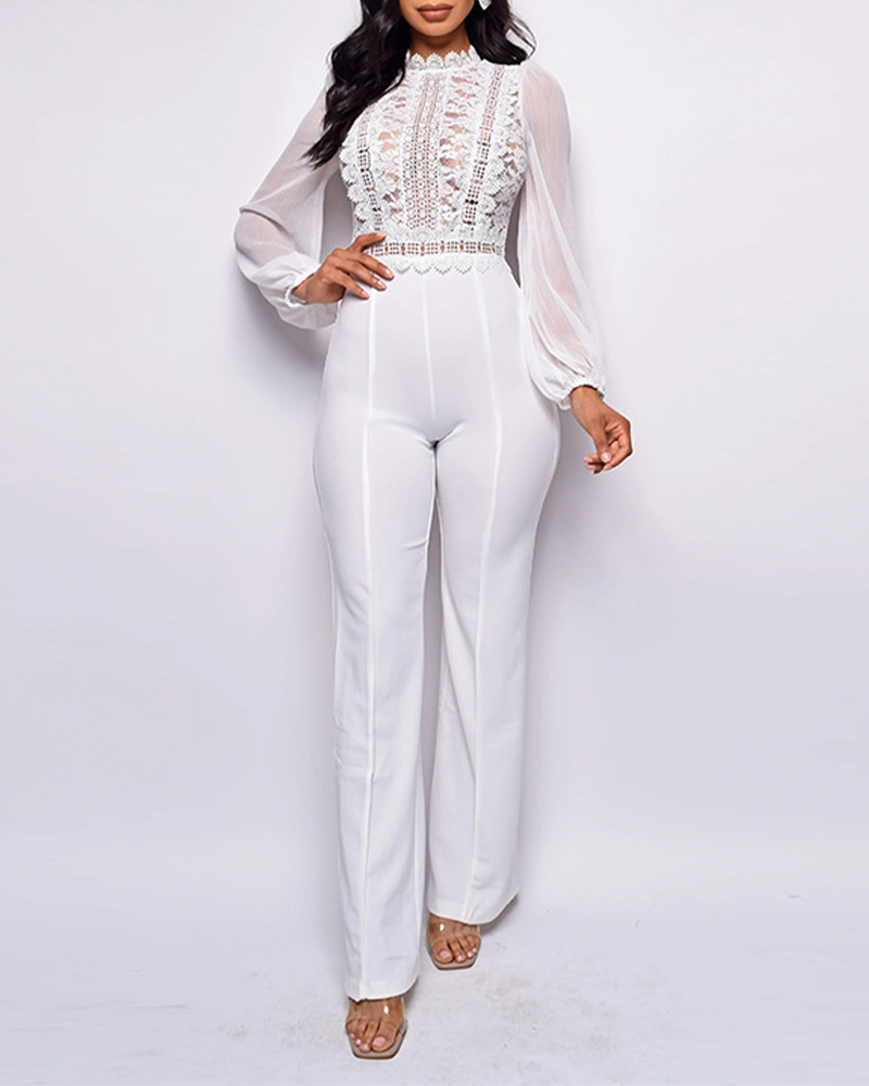 High Collar Lace Lace Fringe Long Sleeve Jumpsuits