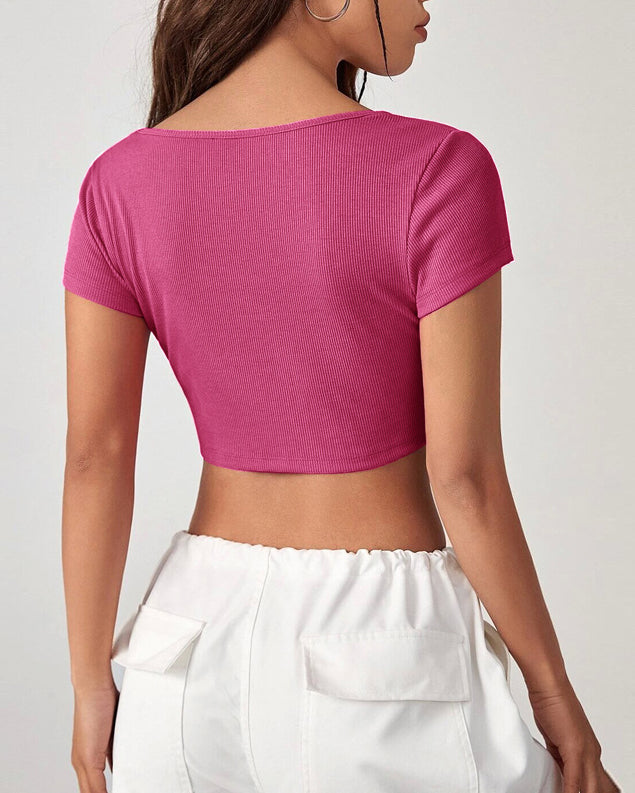 Irregular Square Neck Knitted Short-Sleeved T-Shirt Cropped Top