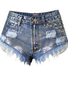 Slim-Fit Jeansshorts mit hoher Taille und Nieten aus zerrissenem Denim in Metallic-Silber