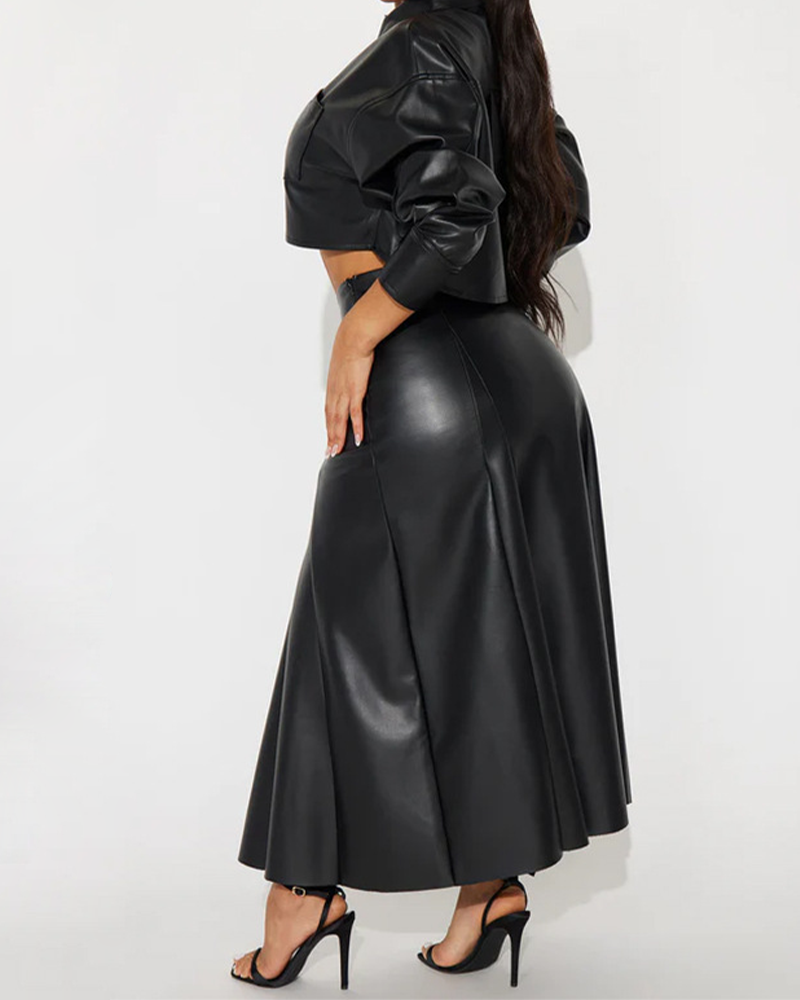 Lapel Leather Mid-Length Skirt Suit