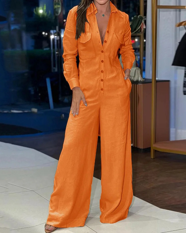 Fashionable Lapel Casual Solid Color Jumpsuit