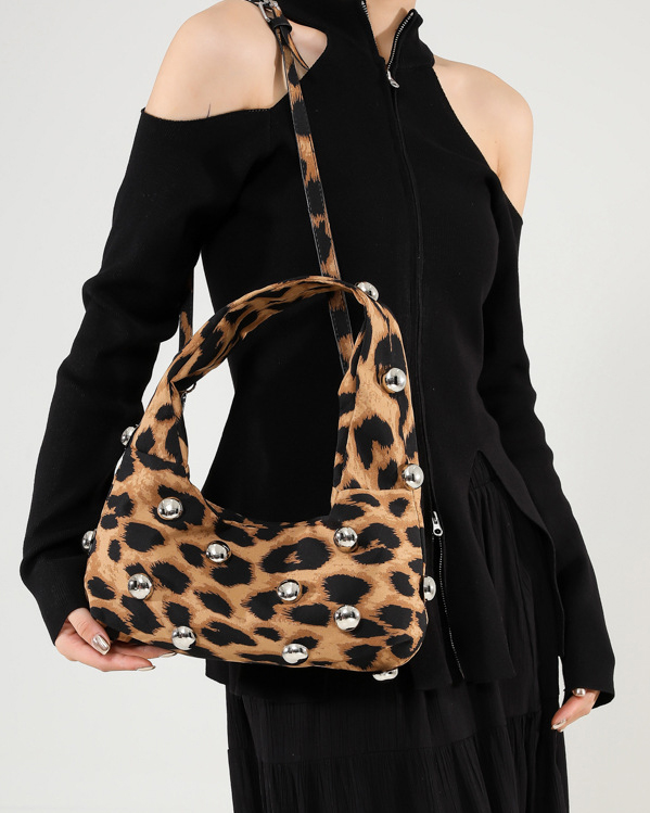 Leopard Print Retro Punk Style Studded Shoulder Bag