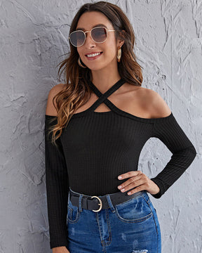 Sexy Bateau Neckline Off-Shoulder Cross Halter Neck Sweater Top