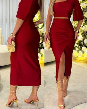 Sexy One-Sided Sleeve Irregular Half Skirt Suit (Pre-Sale)