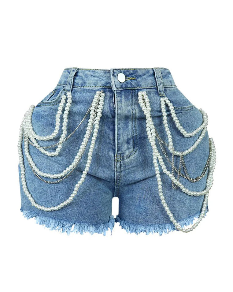 Lässige Jeansshorts mit Perlen und Strass