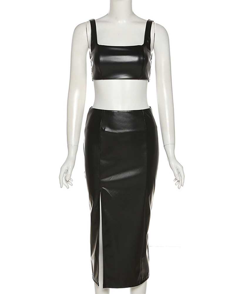 PU leather Vest Slim Skirt Set