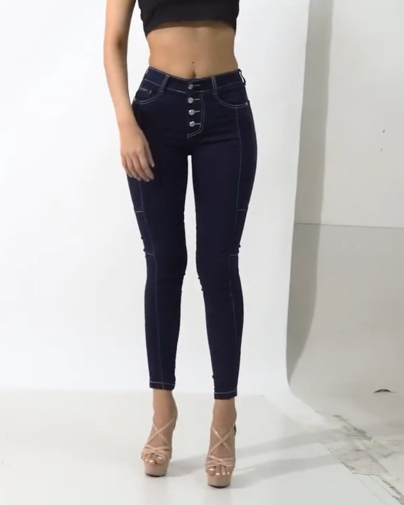 High-Waisted Button Elastic Hip-Lifting Jeans  (Pre-Sale)