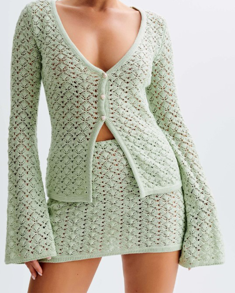 Knit Shell Buttoned Cardigan Short Skirt Suit