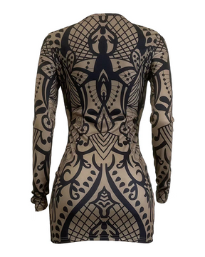 Printed Long-Sleeved Slim Hip-Wrapping Dress