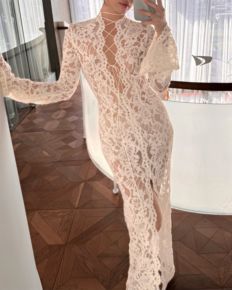 Knit Embroidered Long-Sleeved Dress