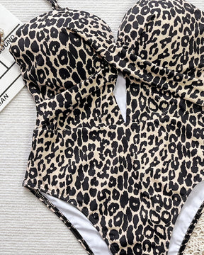 Leopard Print Cutout Strap Swimsuit Bikini