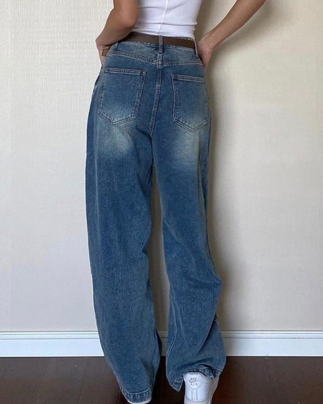 Lockere, bodenlange Retro-Jeans im Used-Look