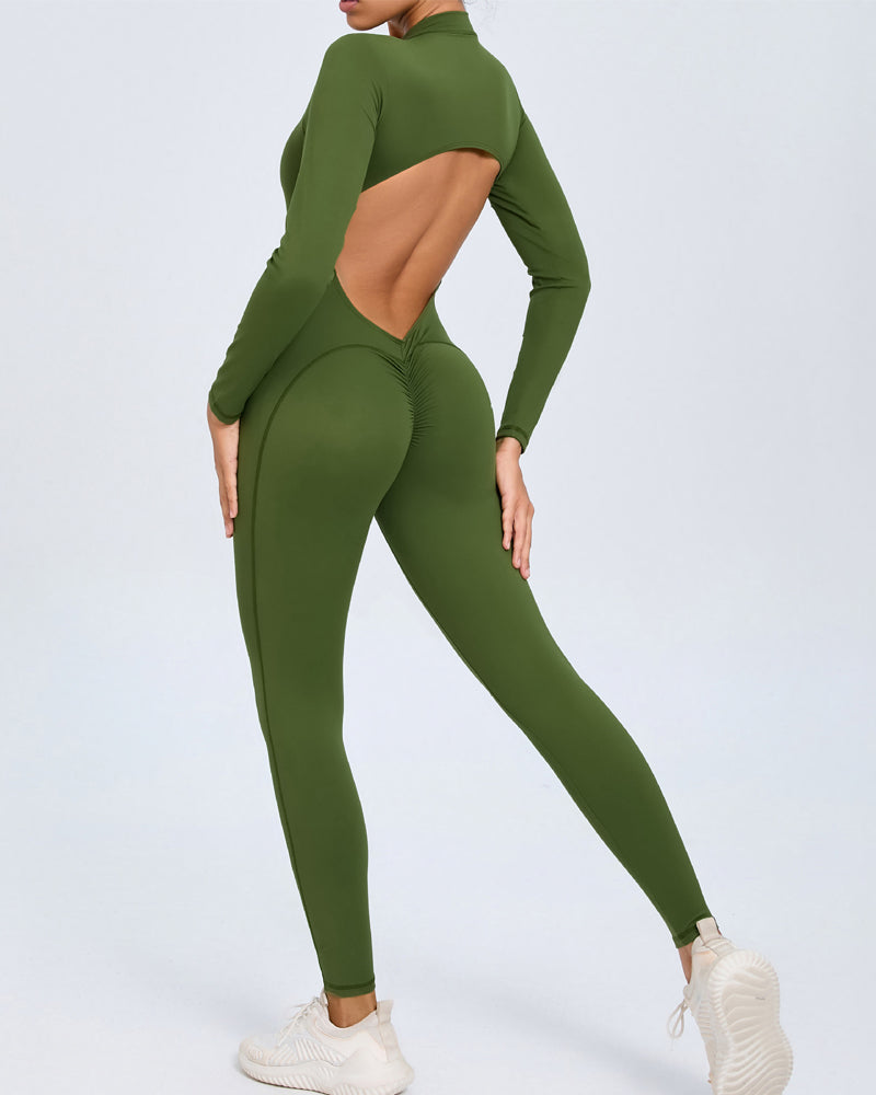 Zippered Long Sleeve Butt Lift Yoga Jumpsuit