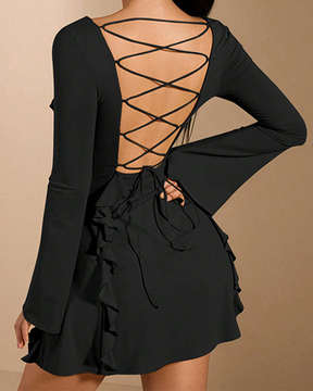 Lace Up Backless Ruffle Edge Dress