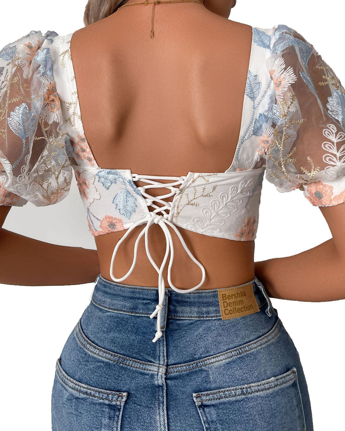 Lace Puff Sleeve See through French Crop Top