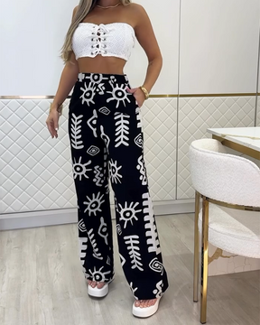 Lace-Up Tube Top Print High-Waisted Trouser Set (Pre-Sale)