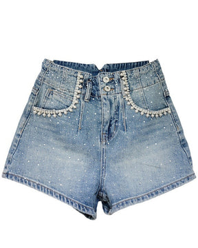 Jeansshorts mit hoher Taille und Rautenperlenbesatz