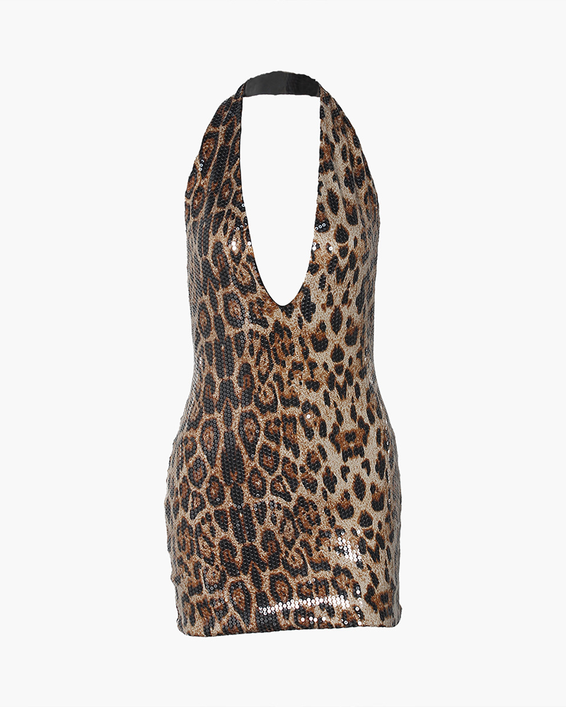 Leopard Print Slim Fit Backless Dress