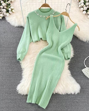 Knitted Round Neck High Waist Puff Sleeve Skirt Set