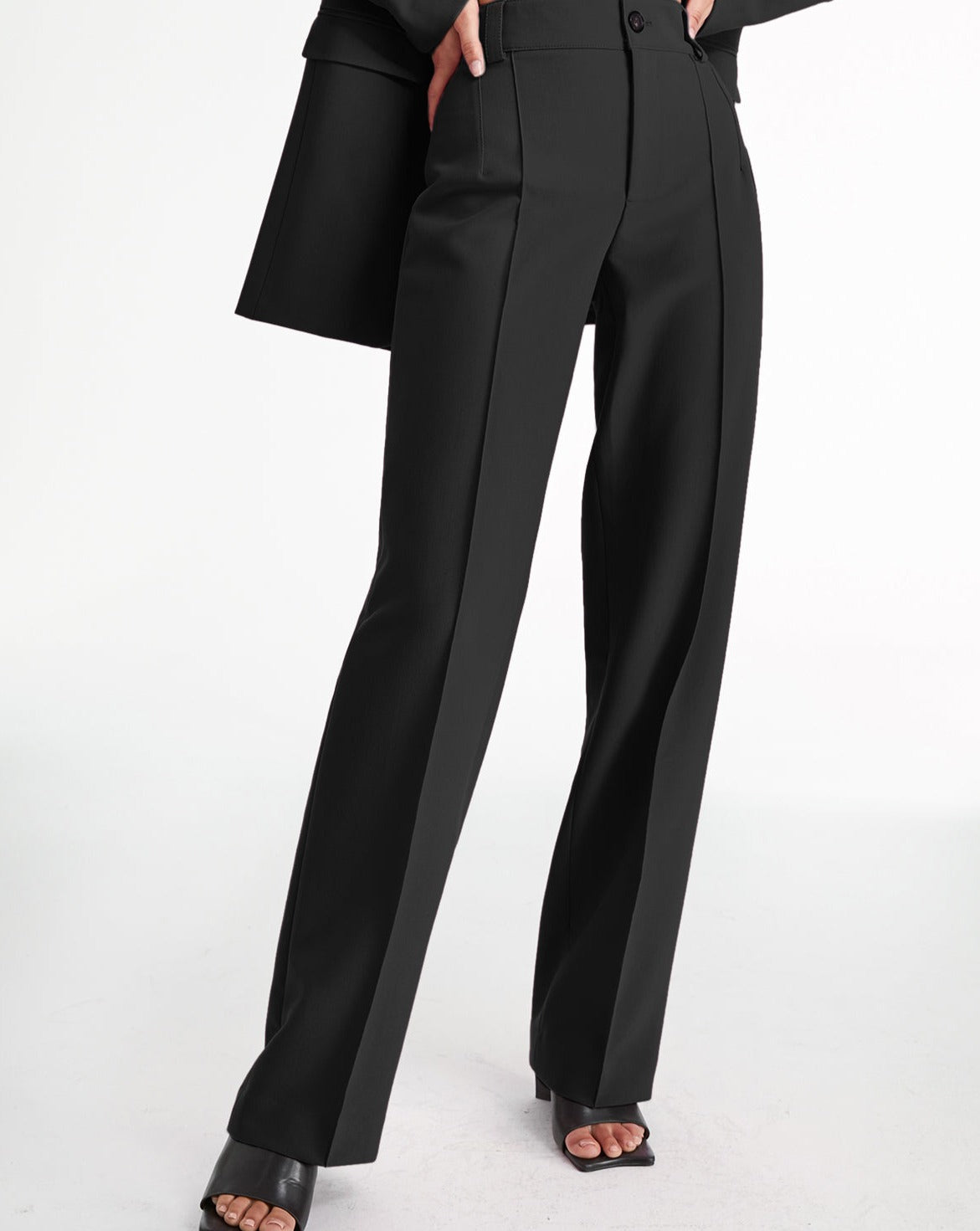 High Waisted Pleat Front Solid Colored Straight Leg Trousers