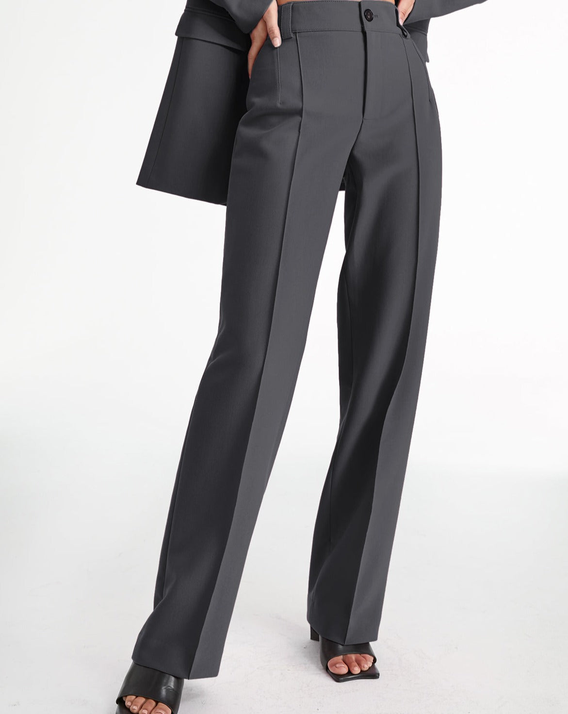 High Waisted Pleat Front Solid Colored Straight Leg Trousers