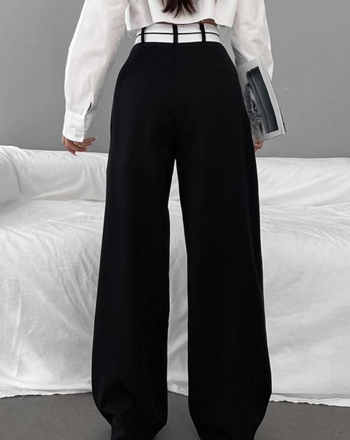 Asymmetrical Contrast Waistband Wide Leg Dress Pants
