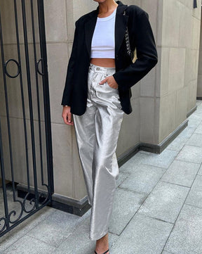 Metallic Leather Straight Leg Pants