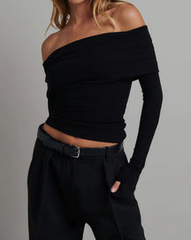 Off Shoulder Overfold Long Sleeve Crop Shirt