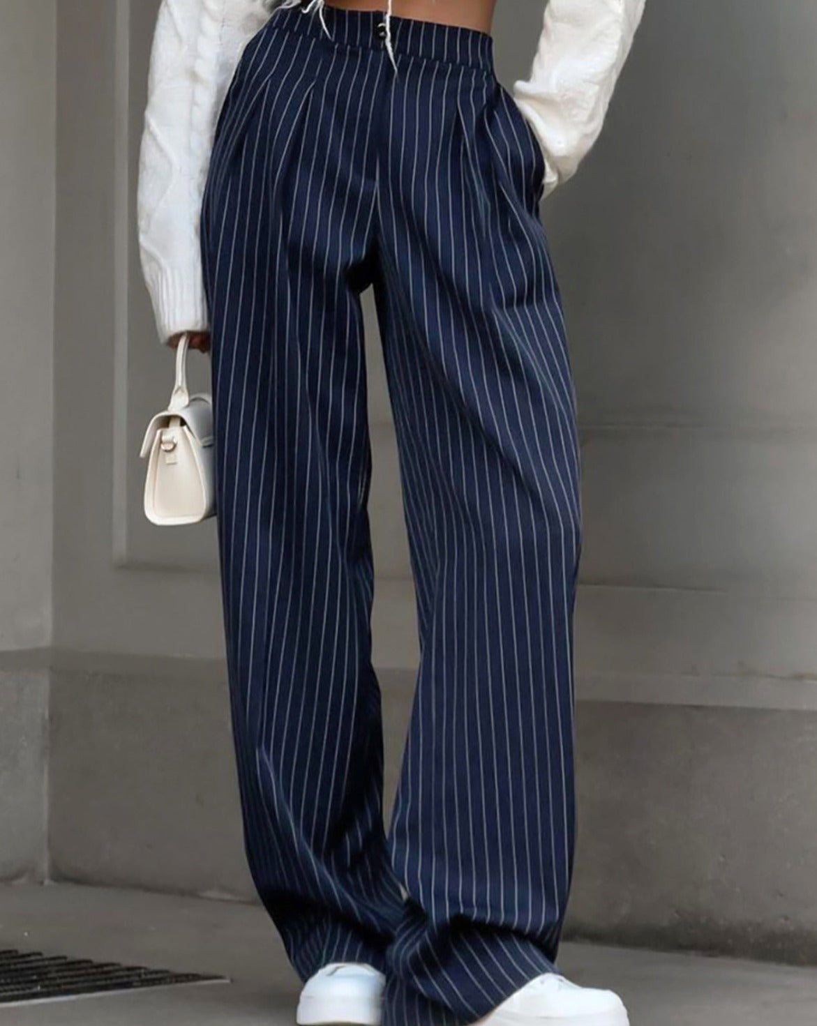 Pinstripe Pleated Wide Leg Dress Pants