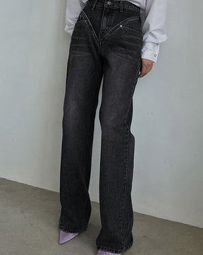 Vintage Wash Denim Straight Leg Jeans