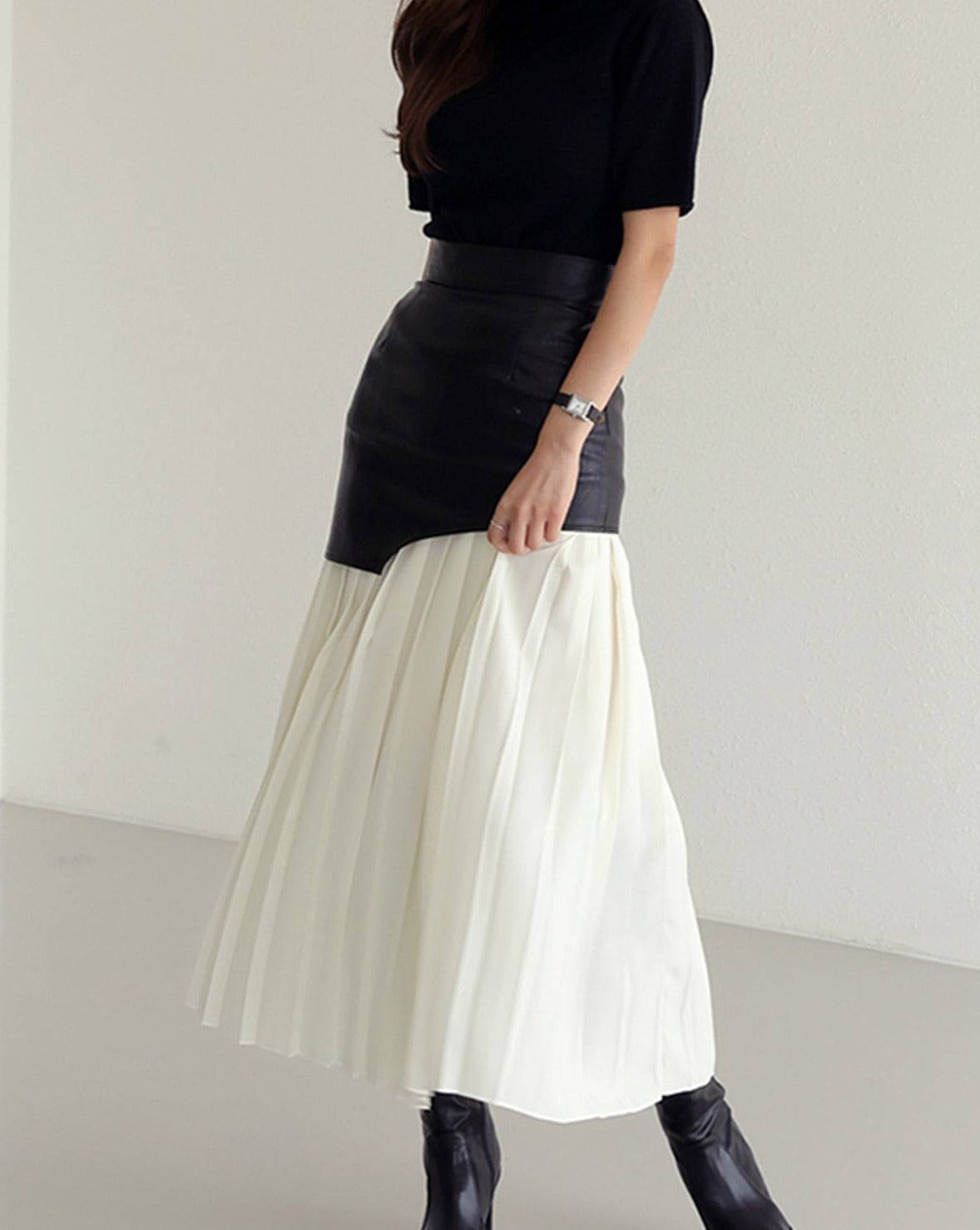 Asymmetric Patchwork Faux Leather Chiffon Pleated Midi Skirt