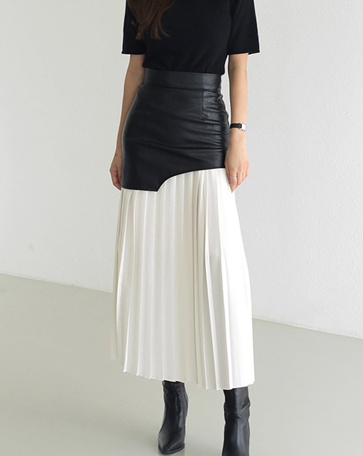 Asymmetric Patchwork Faux Leather Chiffon Pleated Midi Skirt