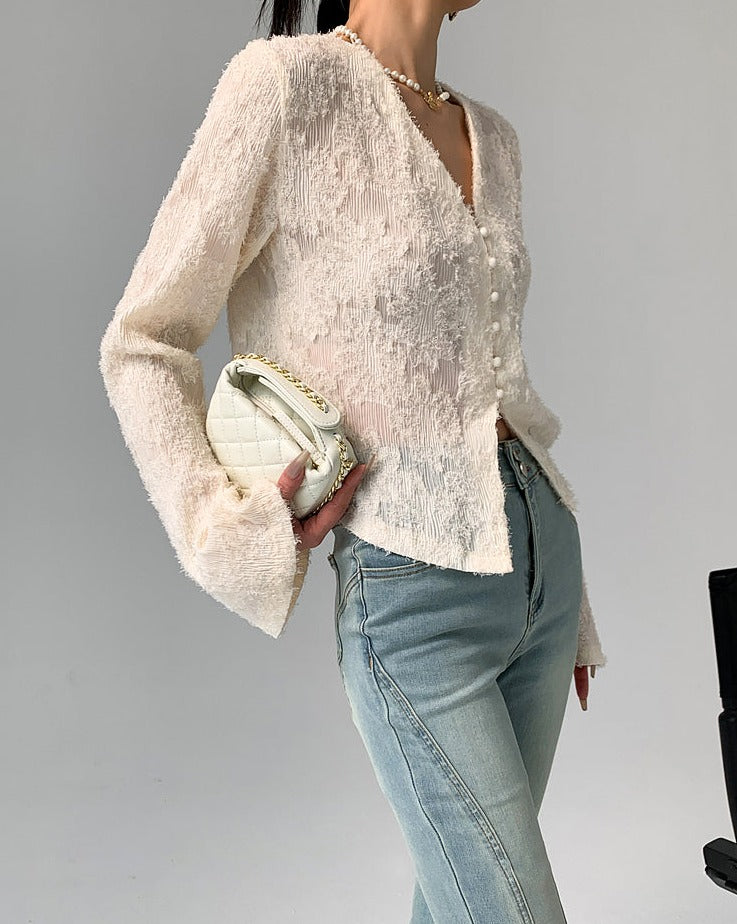 V-Neck Ruffle Long Sleeve Blouse