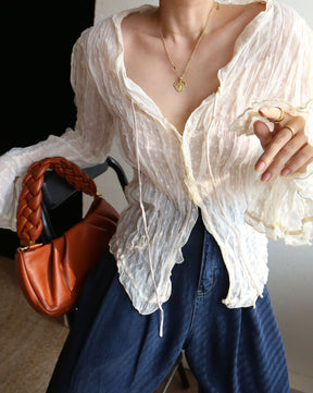 Chiffon Sheer Lettuce Trim Long Sleeve Shirt