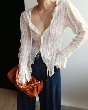 Chiffon Sheer Lettuce Trim Long Sleeve Shirt