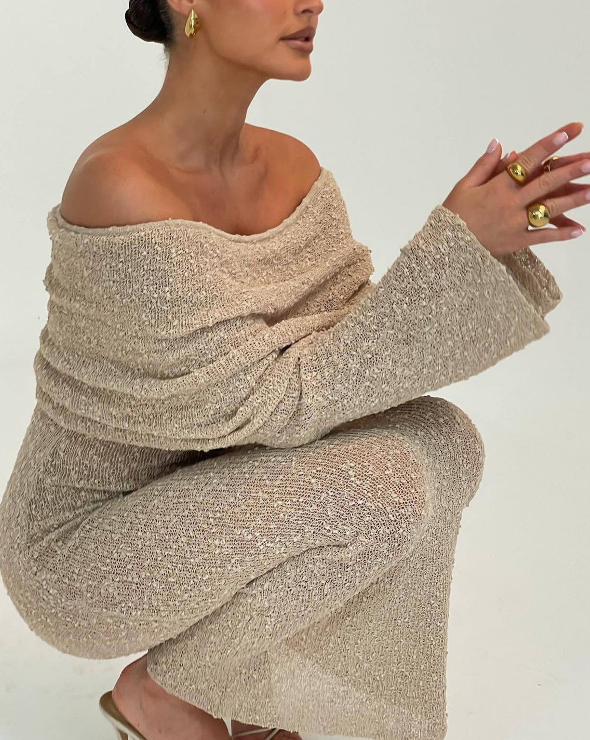 Off Shoulder Overfold Long Sleeve Sweater Long Dress