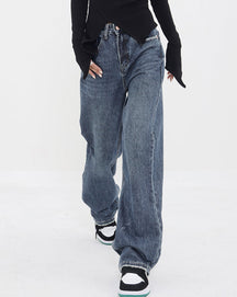 Patchwork Pockets Denim Wide Leg Boyfriend Jeans