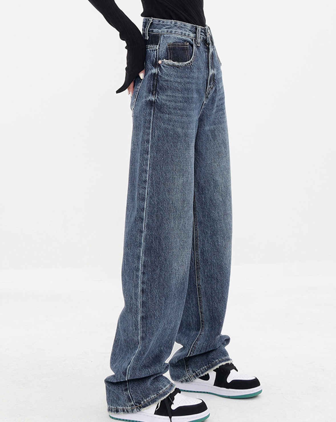 Patchwork Pockets Denim Wide Leg Boyfriend Jeans